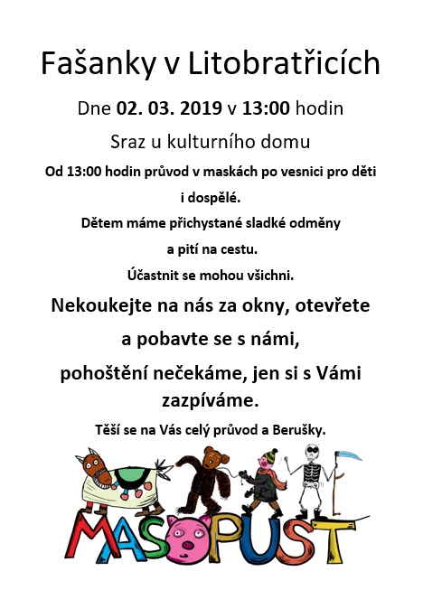 Pozvánka na tradiční Fašanky v Litobratřicích 2. 3. 2019