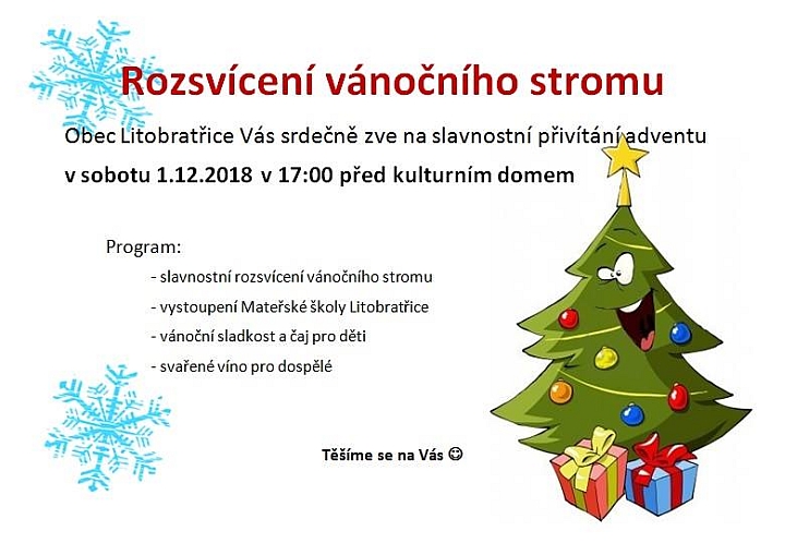 Pozvánka na Rozsvícení vánočního stromu v Litobratřicích 1. 12. 2018
