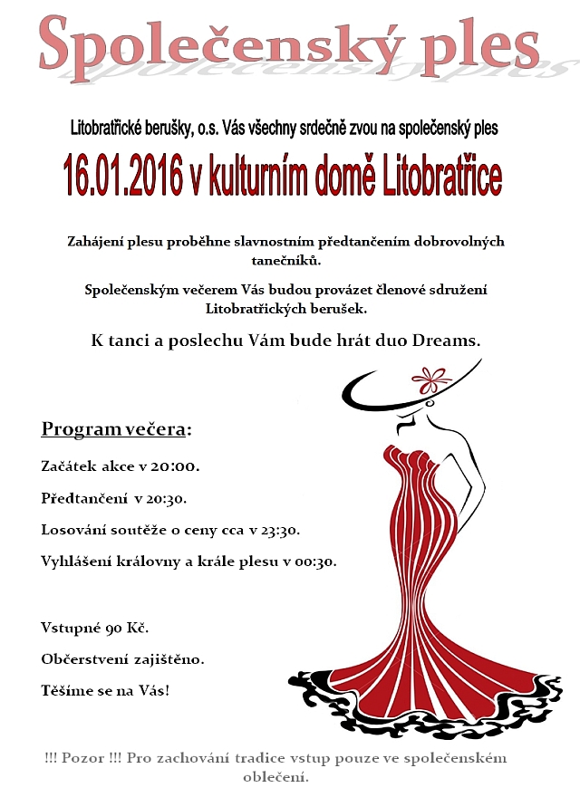 Pozvánka na Společenský ples v Litobratřicích – sobota 16. 1. 2016