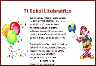 Pozvnka na Dtsk karneval a Faankovou zbavu v Litobraticch 18. 2. 2012